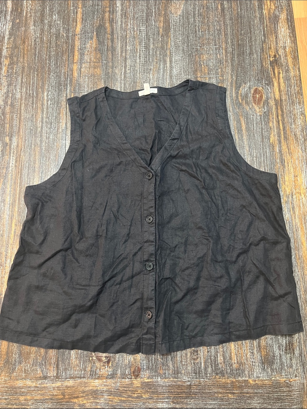 Eileen Fisher Black Sleeveless Button-Down V-Neck Top 100% Organic Linen